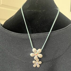 Lia Sophia Aqua Leather Cord Necklace with Silver Flower Pendants